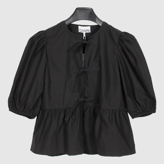 가니 Women's CAMICIA Bow 퍼프 Sleeve 페플럼 Blouse F7364 099 BLACK