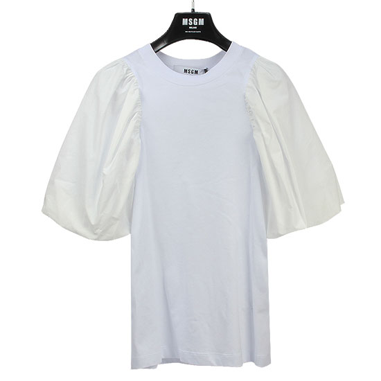 MSGM Women's Poplin Sleeve Crew Neck Short Sleeve T-Shirt 3041MDM75 217298 01 WHITE