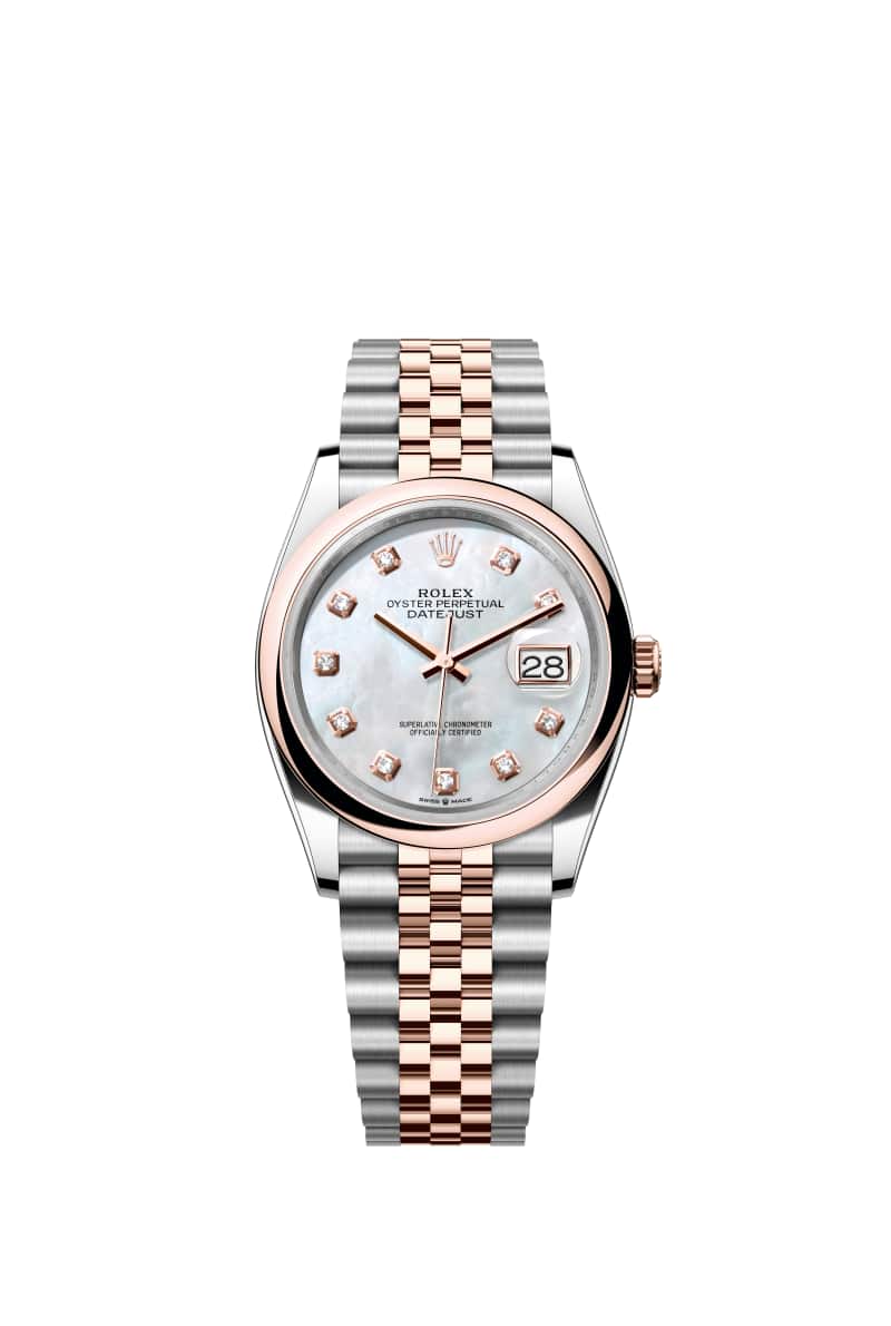 ROLEX 데이트저스트 36 126201 다이아몬드가 세팅된 White 진주자개 다이얼 오이스터스틸과 에버로즈 Gold