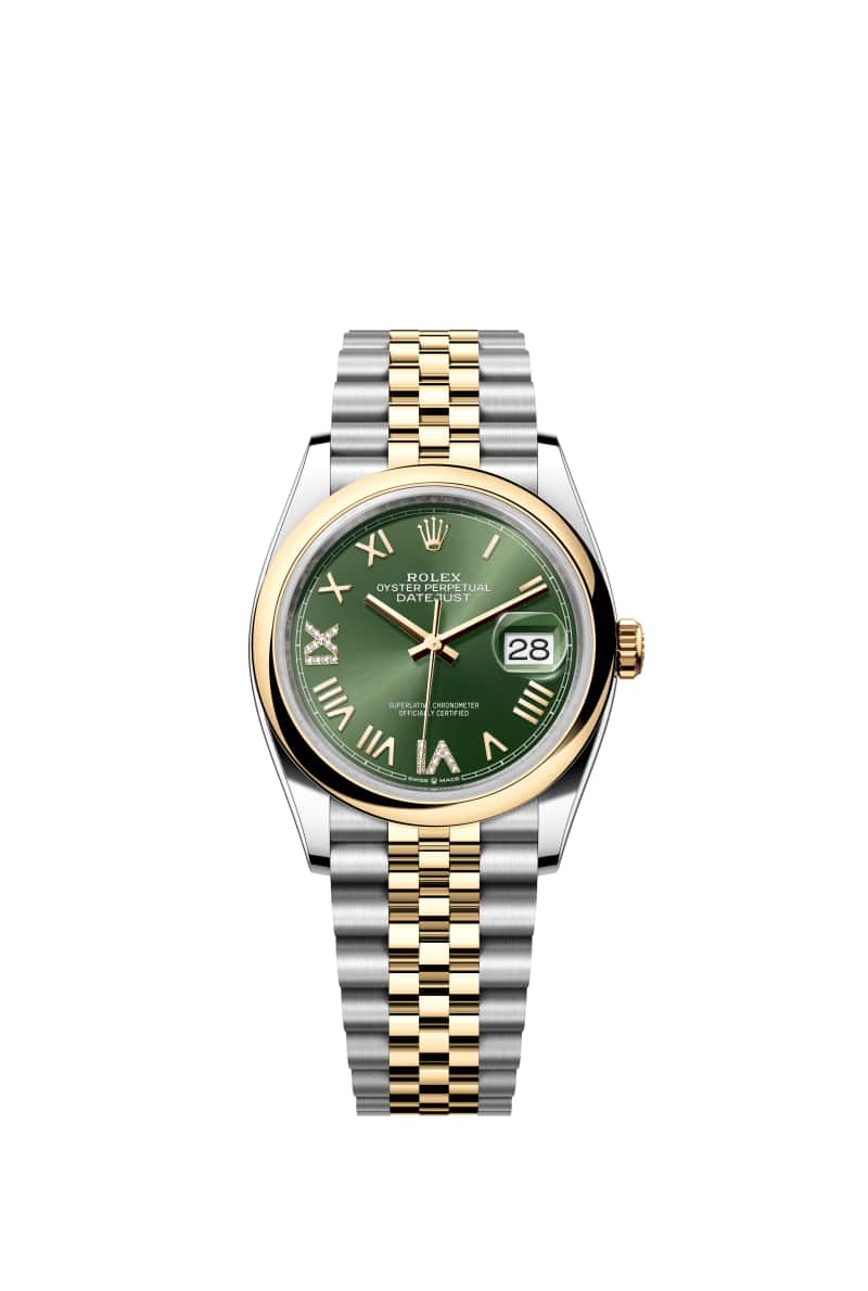 ROLEX 데이트저스트 36 126203 다이아몬드가 세팅된 올리브 그린 다이얼 오이스터스틸과 옐로우 Gold
