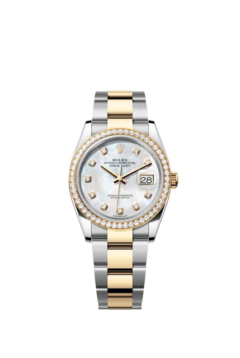 ROLEX 데이트저스트 36 126283RBR 다이아몬드가 세팅된 White 진주자개 다이얼 오이스터스틸과 옐로우 Gold