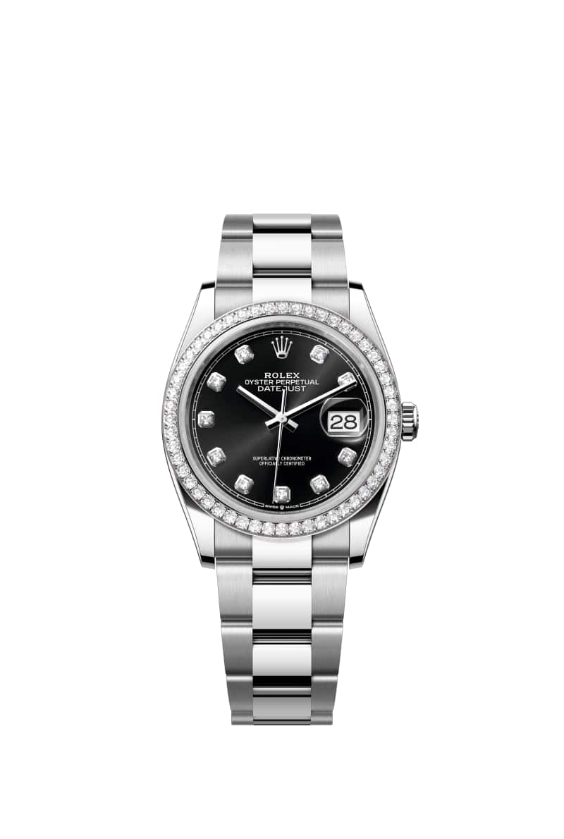 ROLEX 데이트저스트 36 126284RBR 다이아몬드가 세팅된 브라이트 Black 다이얼 오이스터스틸과 White Gold