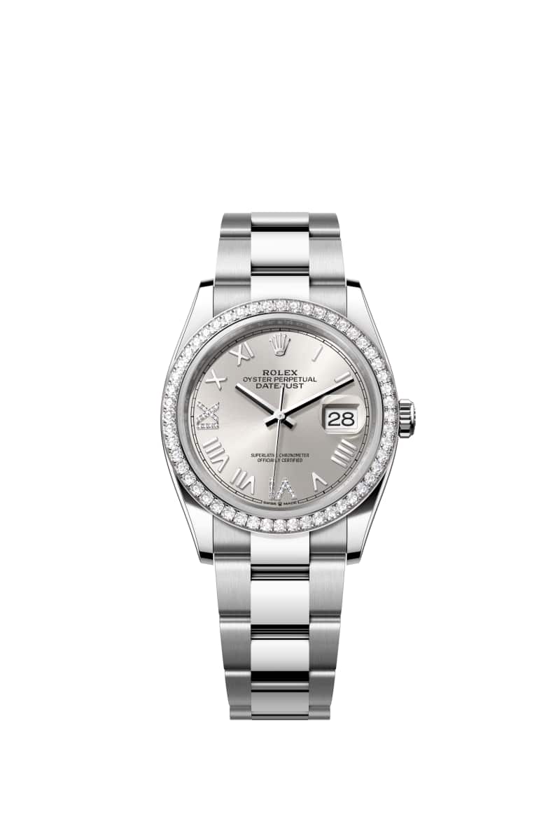 ROLEX 데이트저스트 36 126284RBR 다이아몬드가 세팅된 Silver 다이얼 오이스터스틸과 White Gold