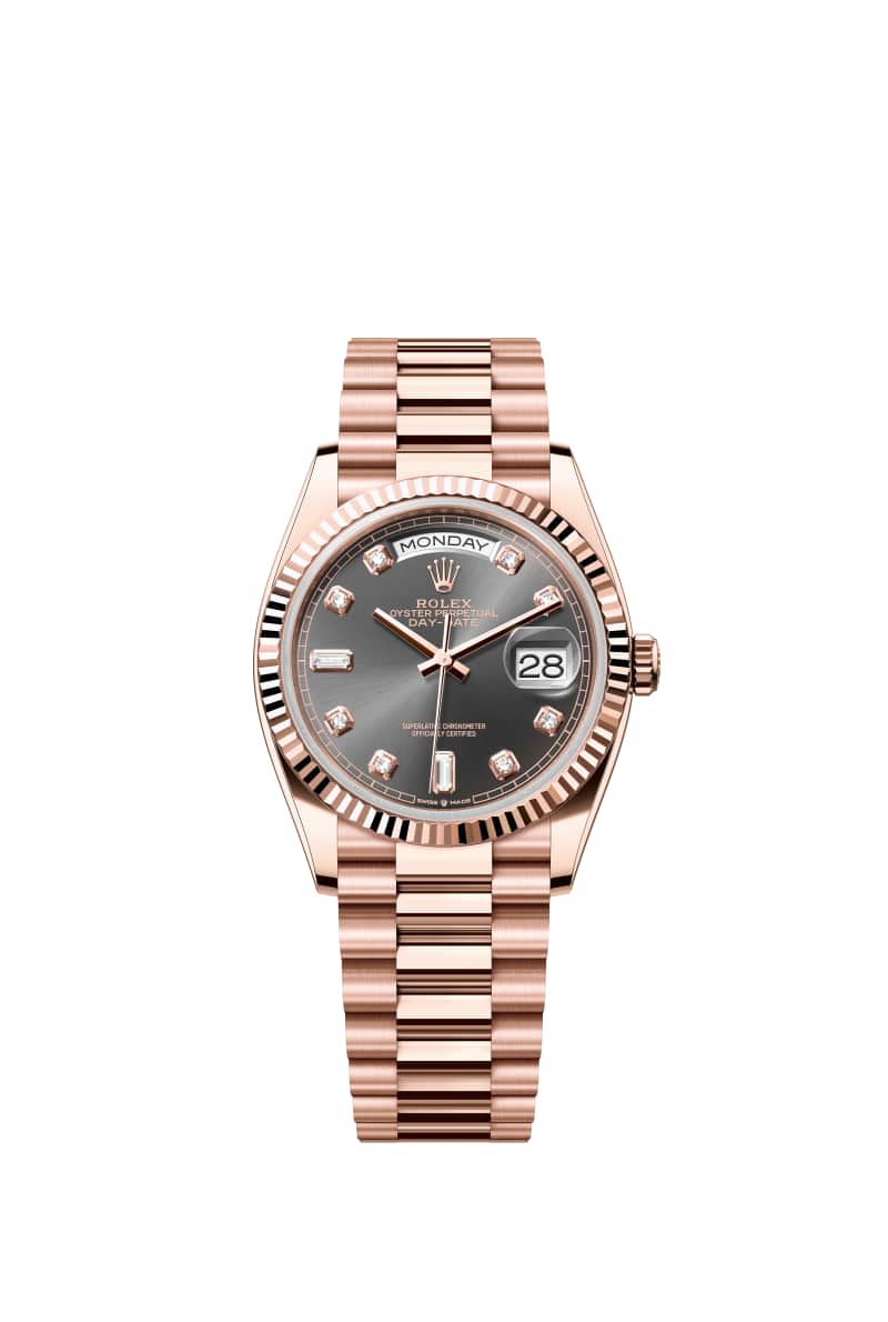 ROLEX Day-데이트 36 128235 다이아몬드가 세팅된 슬레이트 다이얼 18캐럿 에버로즈 Gold