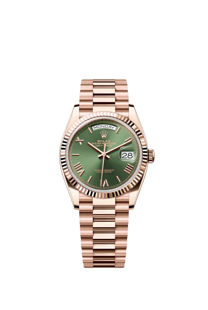ROLEX Day-데이트 36 128235 올리브 그린 다이얼 18캐럿 에버로즈 Gold