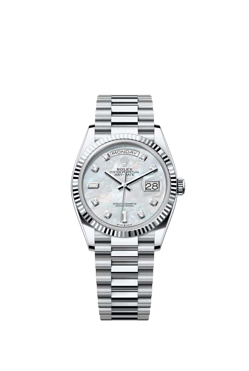 ROLEX Day-데이트 36 128236 다이아몬드가 세팅된 White 진주자개 다이얼 플래티넘