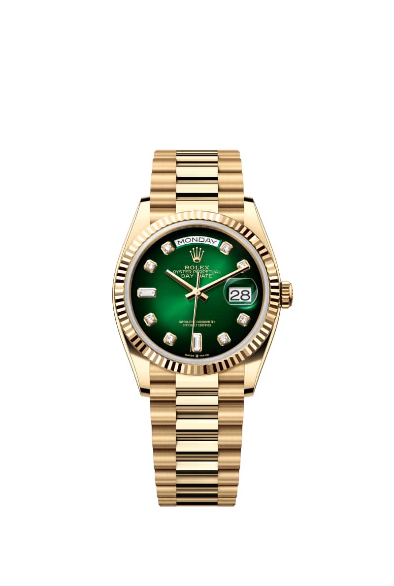 ROLEX Day-데이트 36 128238 다이아몬드가 세팅된 그린 옴브레 다이얼 18캐럿 옐로우 Gold