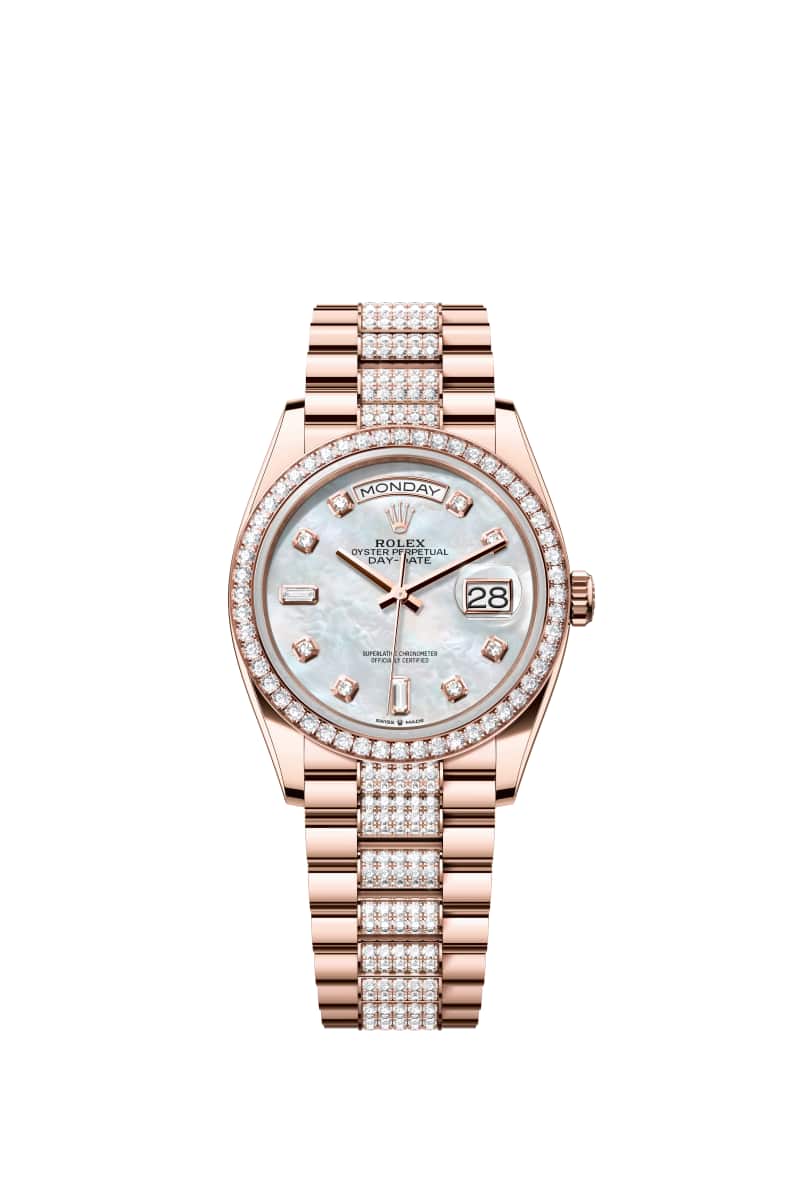 ROLEX Day-데이트 36 128345RBR 다이아몬드가 세팅된 White 진주자개 다이얼 18캐럿 에버로즈 Gold
