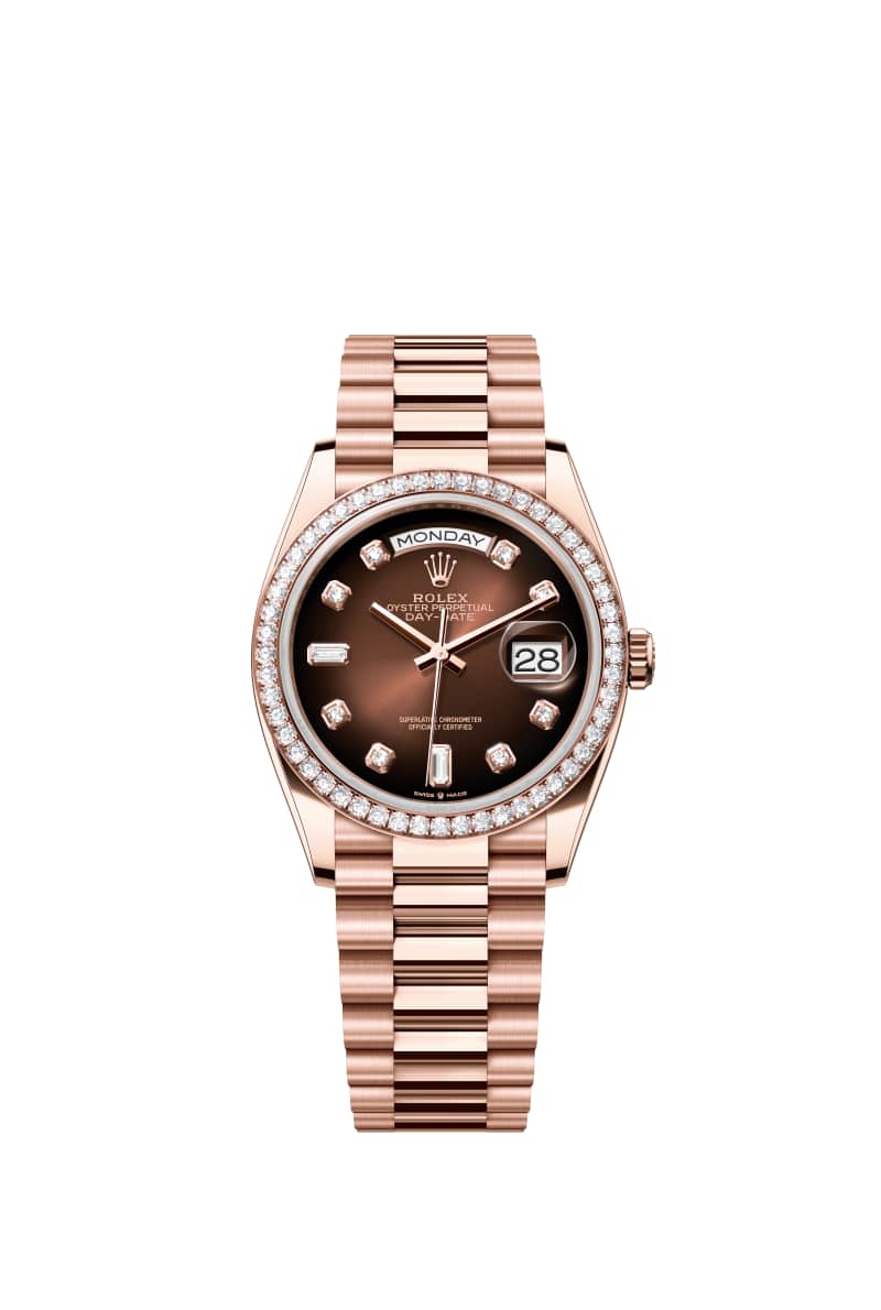 ROLEX Day-데이트 36 128345RBR 다이아몬드가 세팅된 브라운 옴브레 다이얼 18캐럿 에버로즈 Gold
