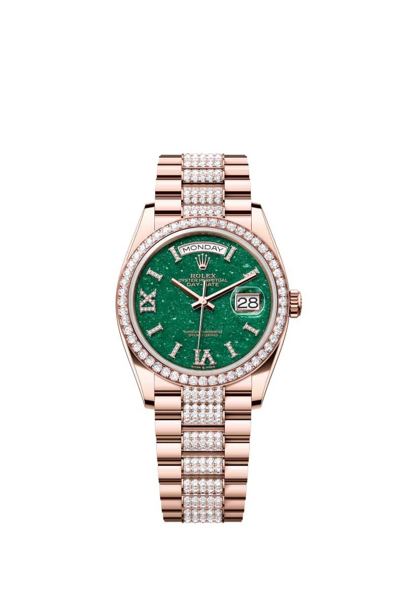 ROLEX Day-데이트 36 128345RBR 다이아몬드가 세팅된 그린 어벤추린 다이얼 18캐럿 에버로즈 Gold