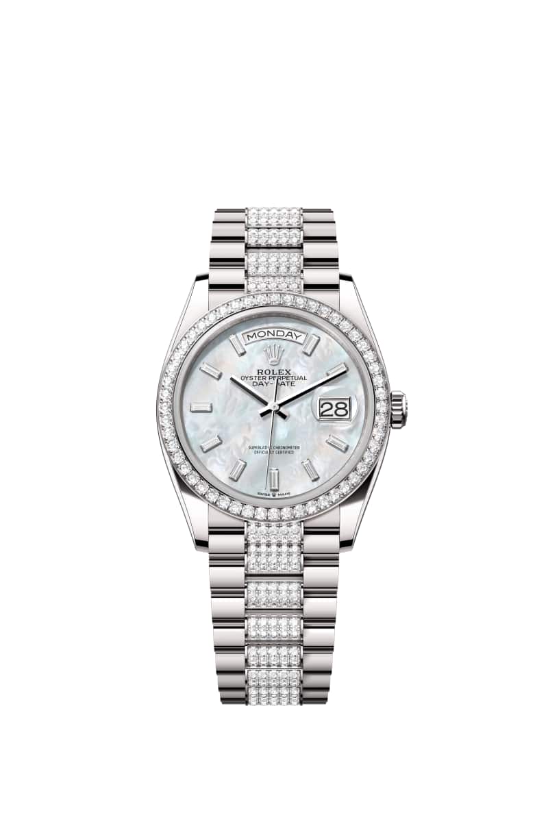 ROLEX Day-데이트 36 128349RBR 다이아몬드가 세팅된 White 진주자개 다이얼 18캐럿 White Gold
