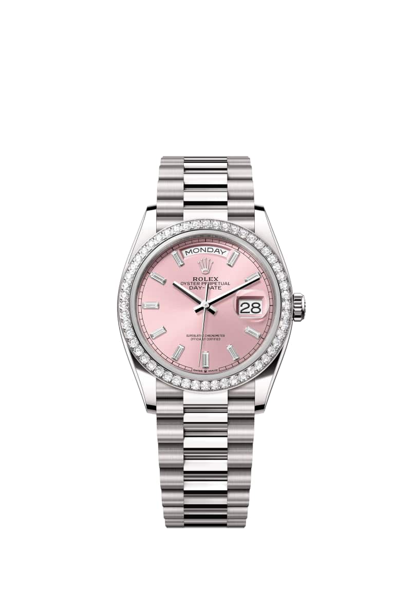 ROLEX Day-데이트 36 128349RBR 다이아몬드가 세팅된 핑크 다이얼 18캐럿 White Gold