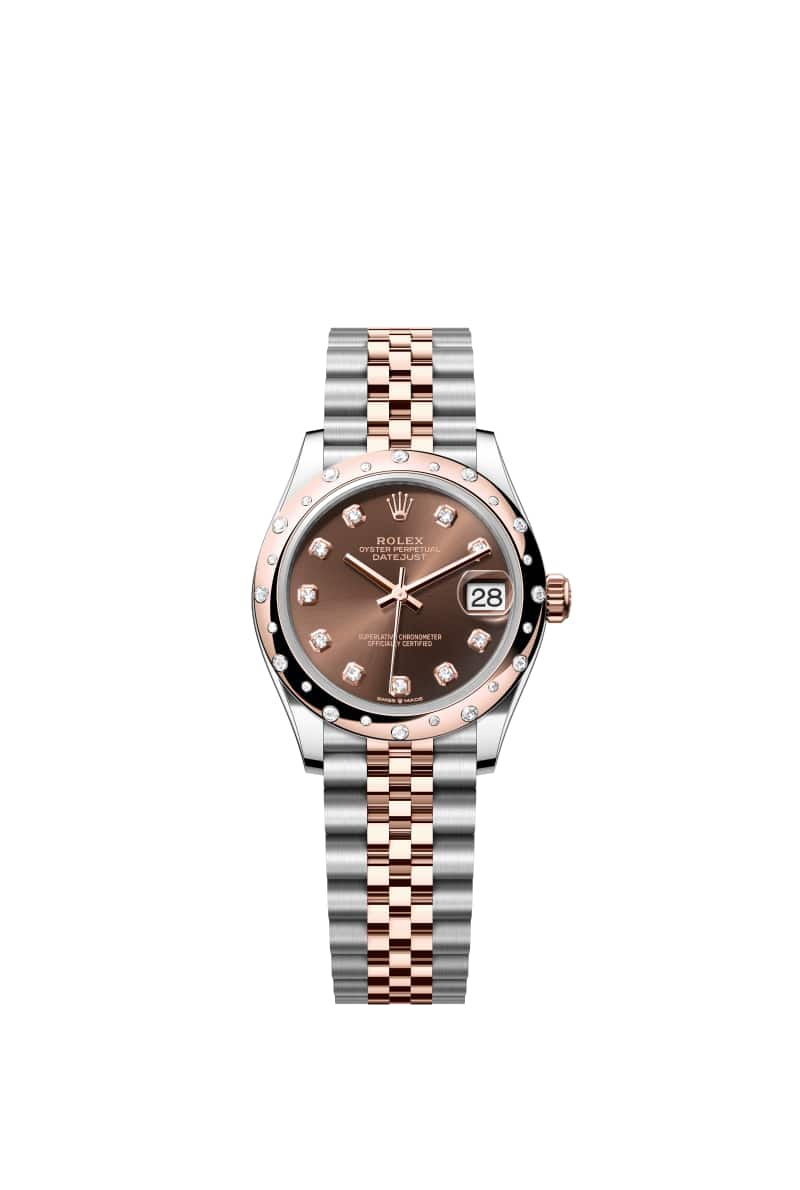 ROLEX 데이트저스트 31 278341RBR 다이아몬드가 세팅된 초콜렛 다이얼 오이스터스틸과 에버로즈 Gold
