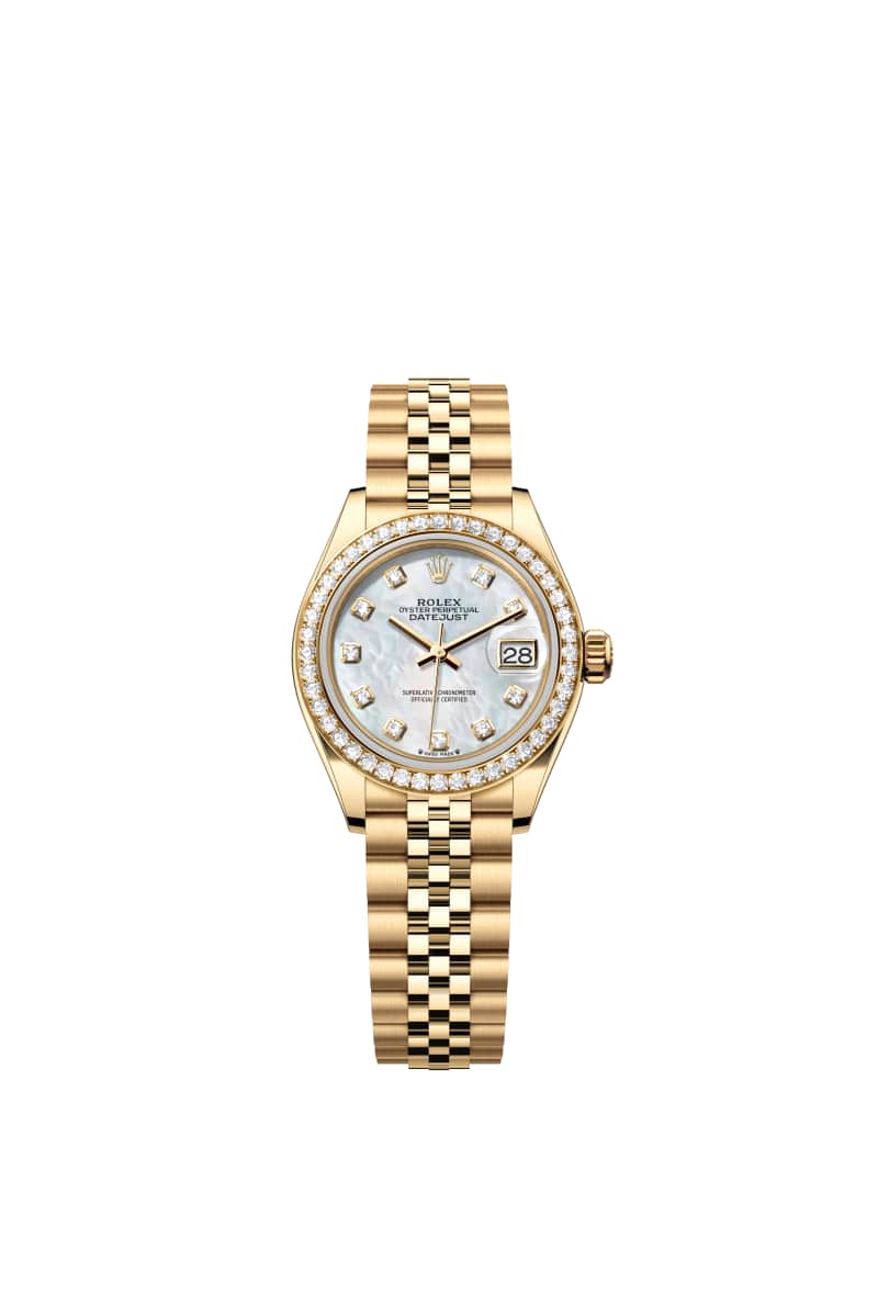 ROLEX Lady-데이트저스트 28 279138RBR 다이아몬드가 세팅된 White 진주자개 다이얼 18캐럿 옐로우 Gold