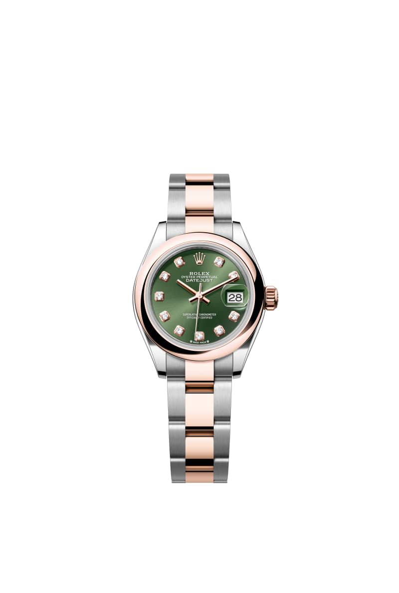 ROLEX Lady-데이트저스트 28 279161 다이아몬드가 세팅된 올리브 그린 다이얼 오이스터스틸과 에버로즈 Gold