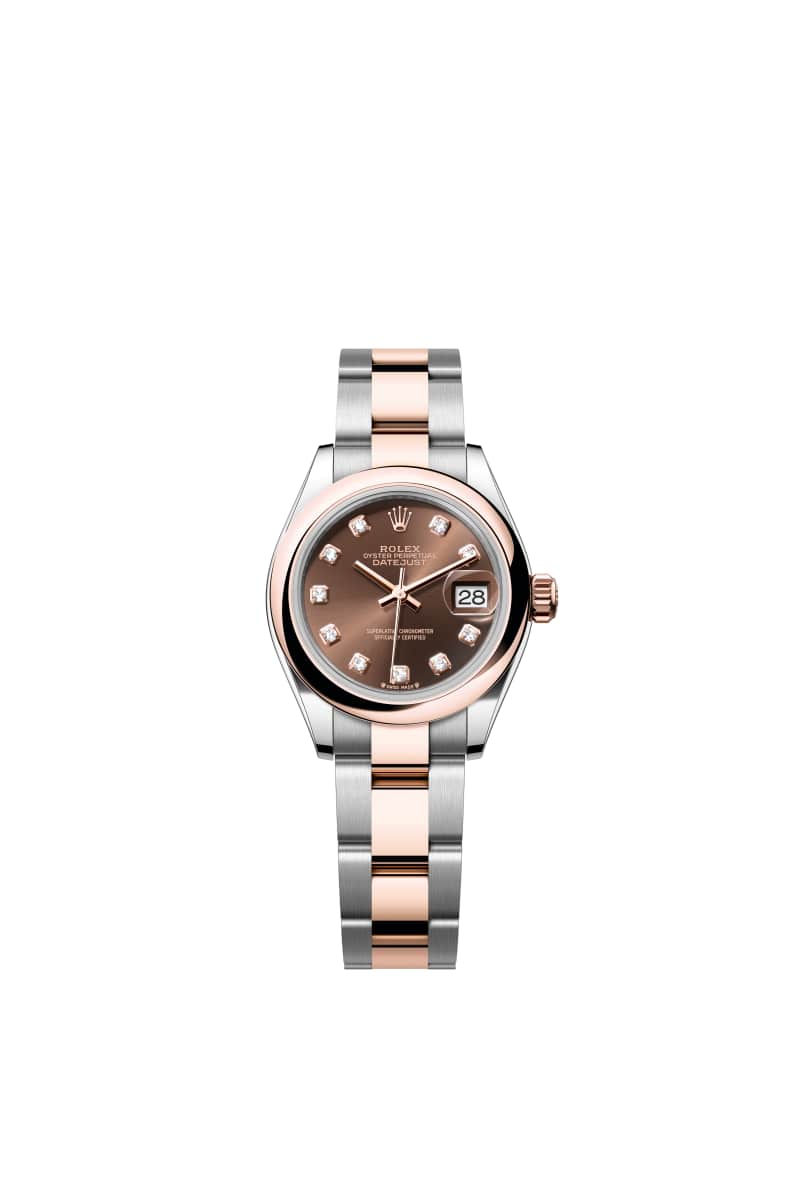 ROLEX Lady-데이트저스트 28 279161 다이아몬드가 세팅된 초콜렛 다이얼 오이스터스틸과 에버로즈 Gold