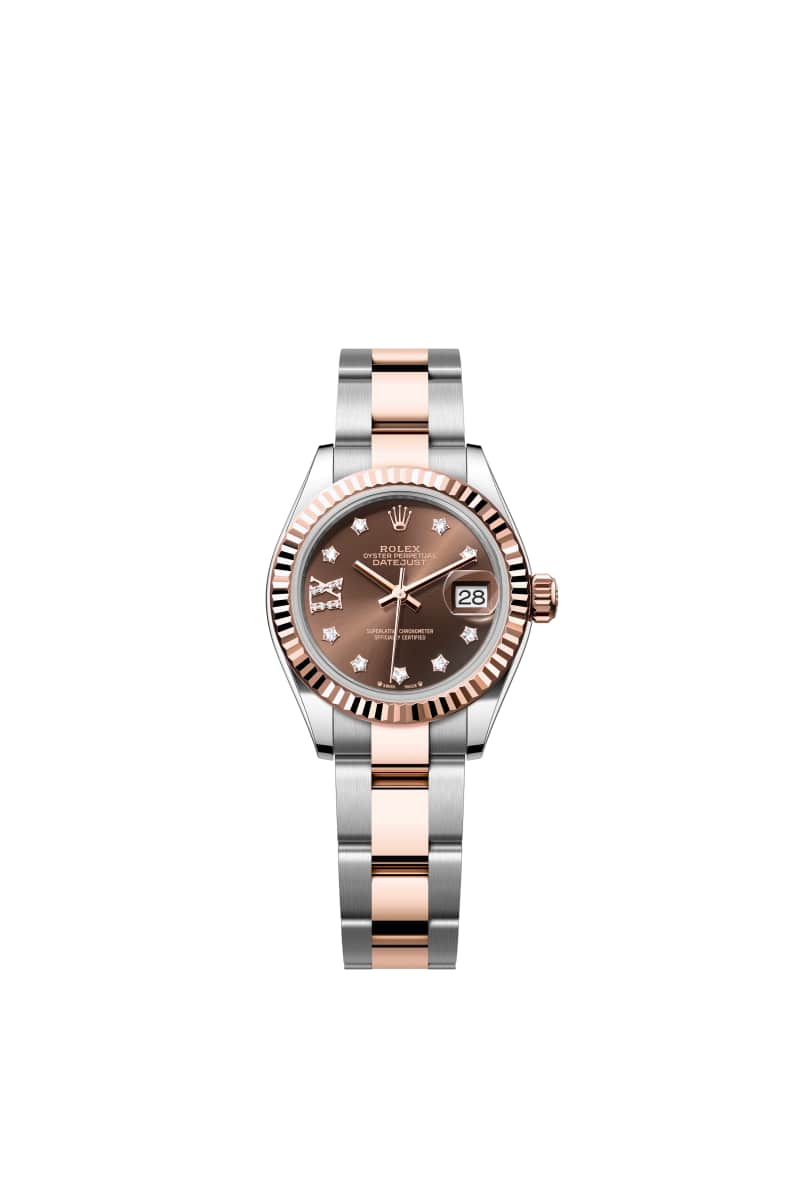 ROLEX Lady-데이트저스트 28 279171 다이아몬드가 세팅된 초콜렛 다이얼 오이스터스틸과 에버로즈 Gold