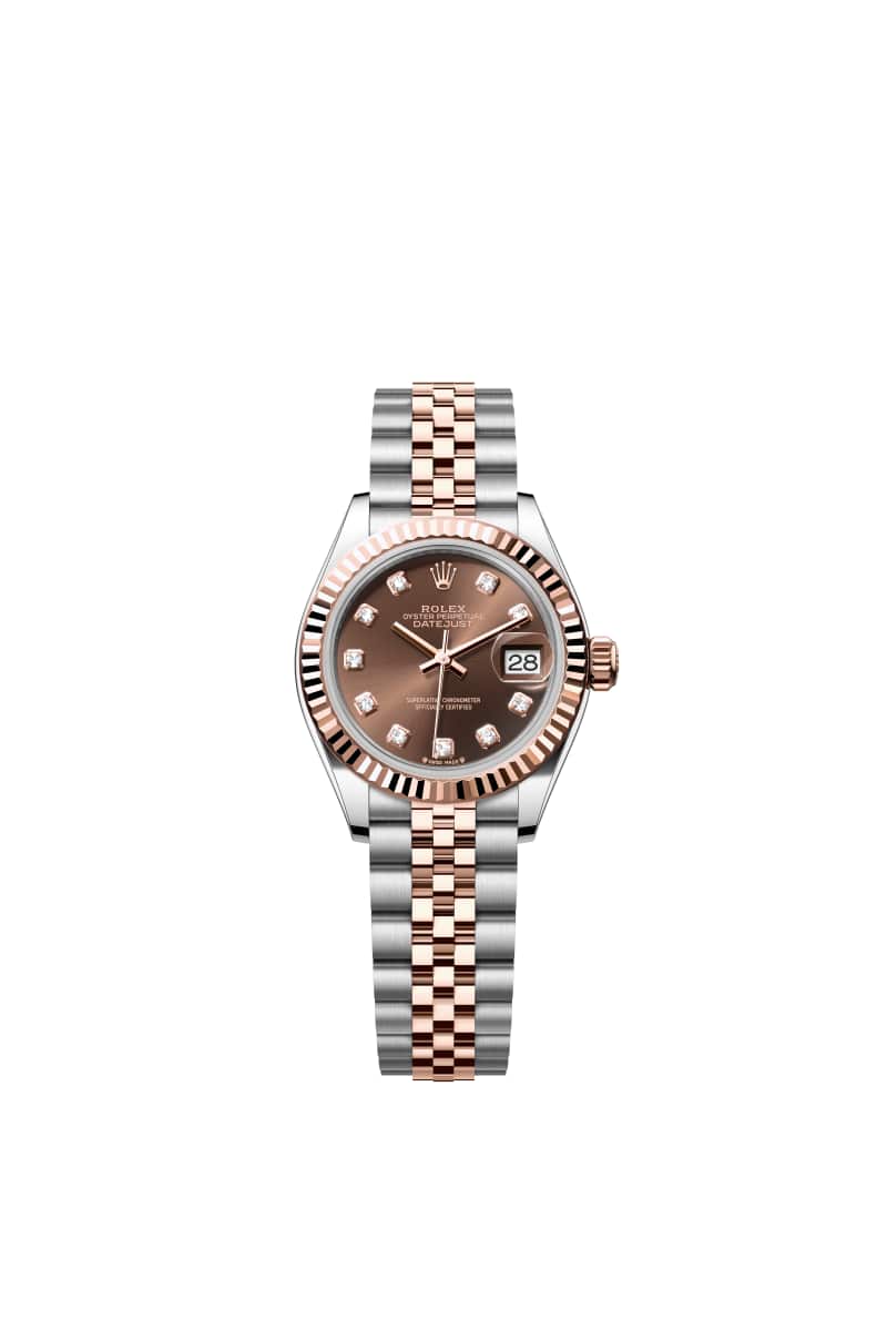 ROLEX Lady-데이트저스트 28 279171 다이아몬드가 세팅된 초콜렛 다이얼 오이스터스틸과 에버로즈 Gold