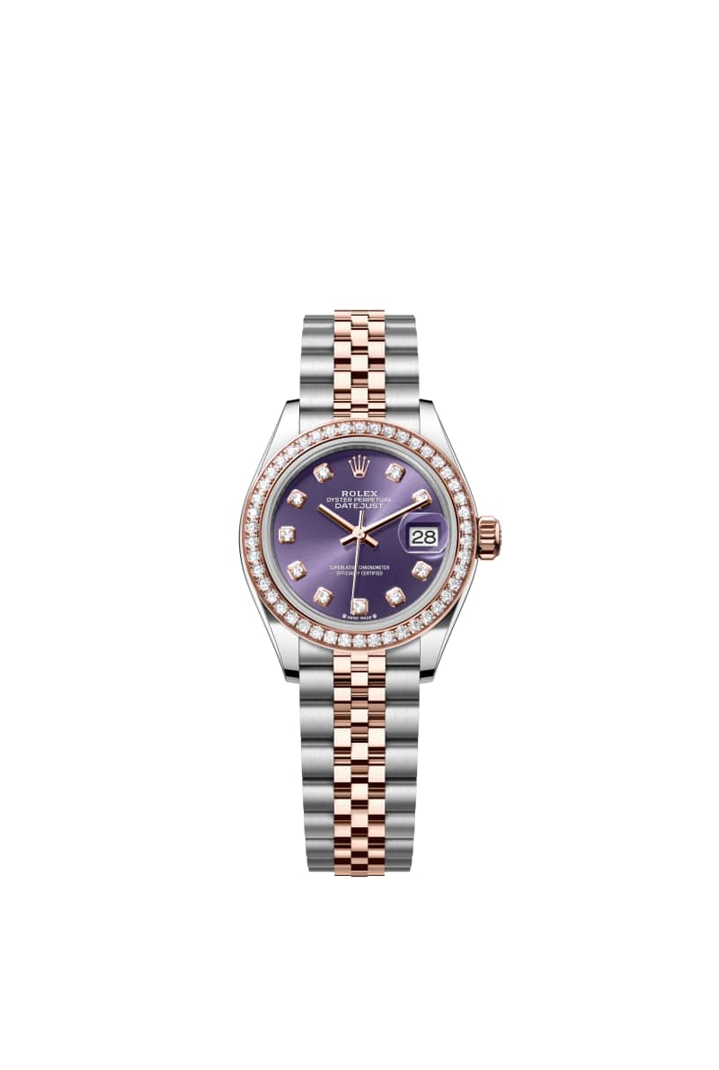 ROLEX Lady-데이트저스트 28 279381RBR 다이아몬드가 세팅된 오베르진 다이얼 오이스터스틸과 에버로즈 Gold