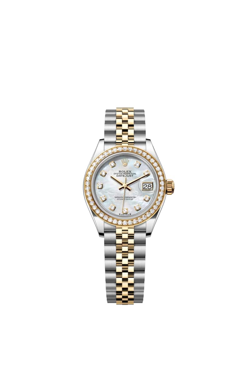ROLEX Lady-데이트저스트 28 279383RBR 다이아몬드가 세팅된 White 진주자개 다이얼 오이스터스틸과 옐로우 Gold