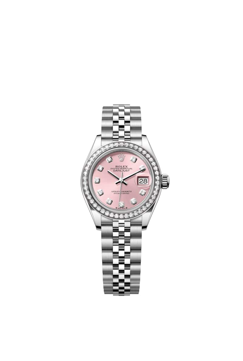 ROLEX Lady-데이트저스트 28 279384RBR 다이아몬드가 세팅된 핑크 다이얼 오이스터스틸과 White Gold