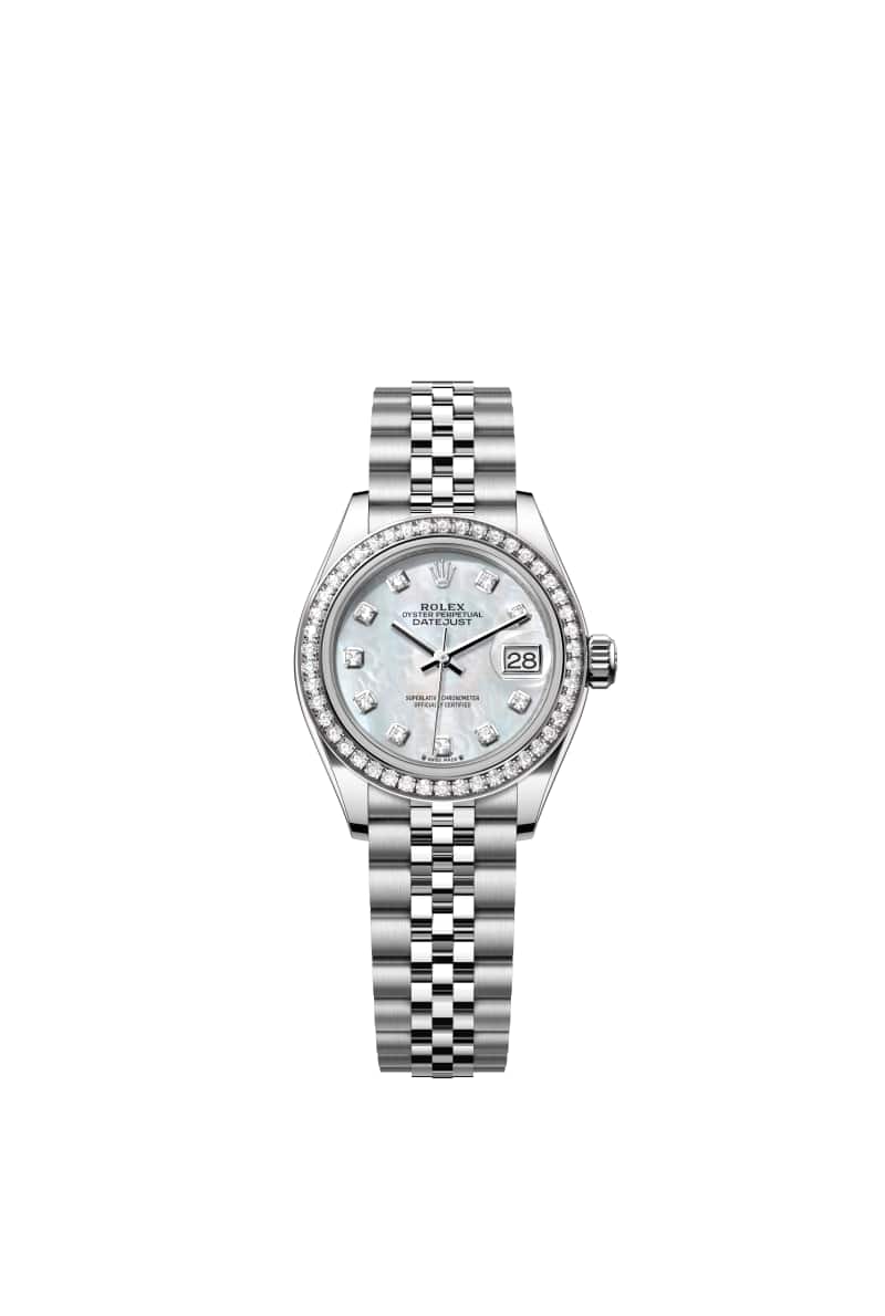ROLEX Lady-데이트저스트 28 279384RBR 다이아몬드가 세팅된 White 진주자개 다이얼 오이스터스틸과 White Gold