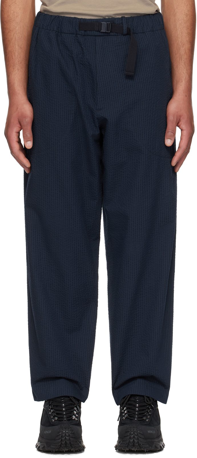 Navy Belted Seersucker Trousers 251111M191075