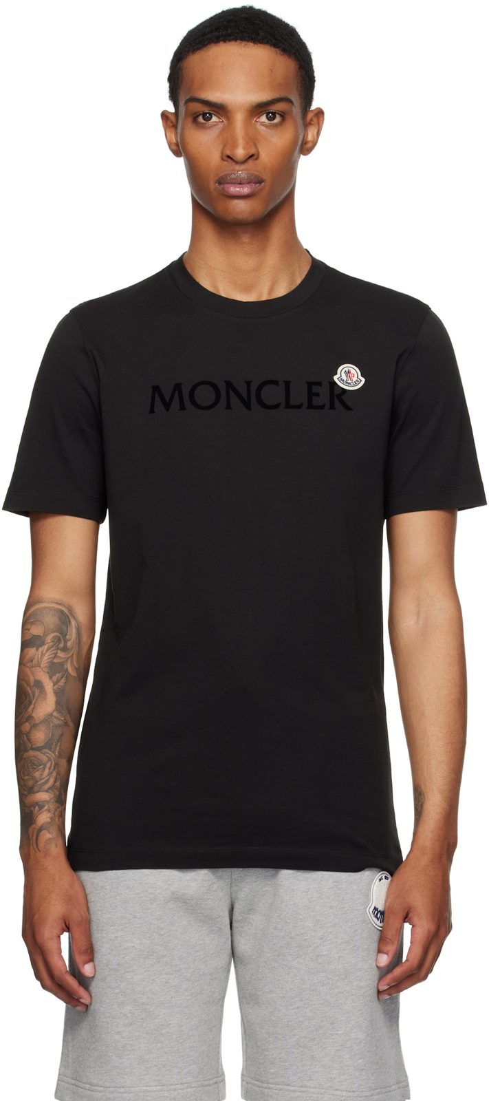 Black Flocked Logo Cotton T-shirt 252111M213062