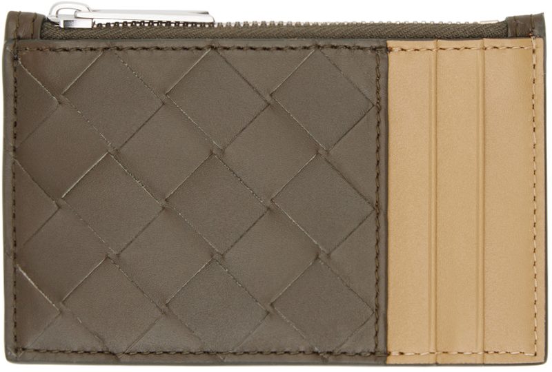 Brown & Tan Intrecciato Zippered Card Holder 242798M163006