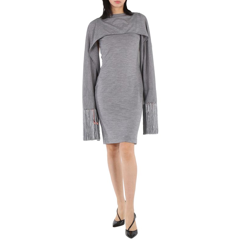 Cloud Grey Merino Wool Sleeveless Dress With Fringed Capelet