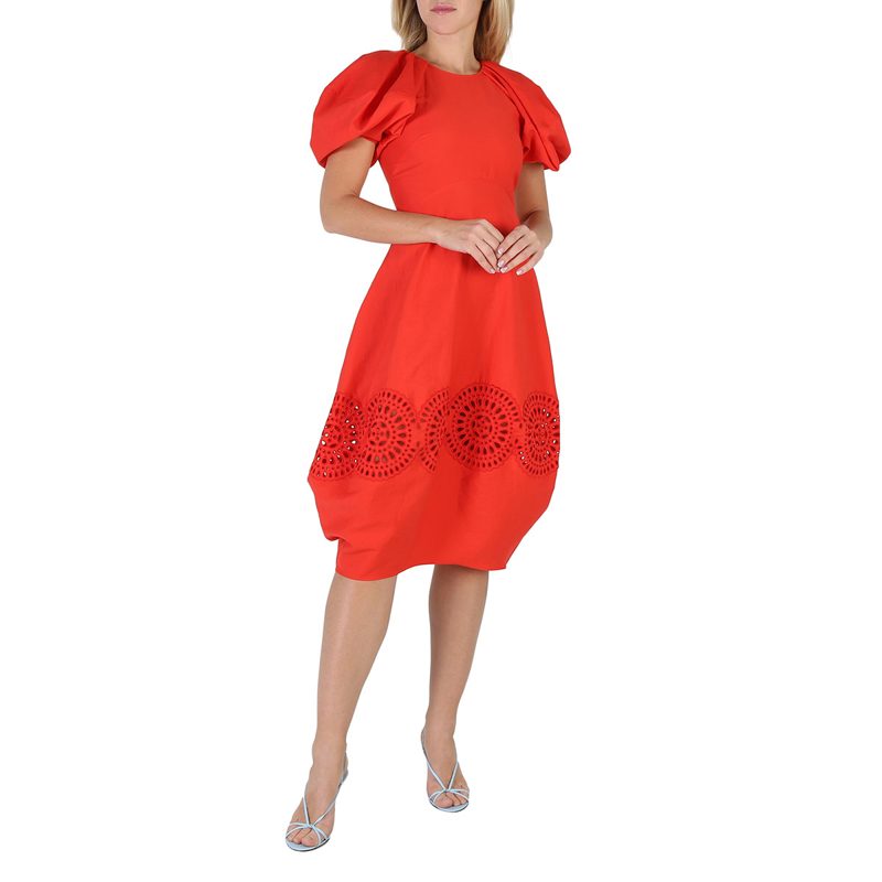Bright Red Broderie Anglaise Puff-Sleeve Dress