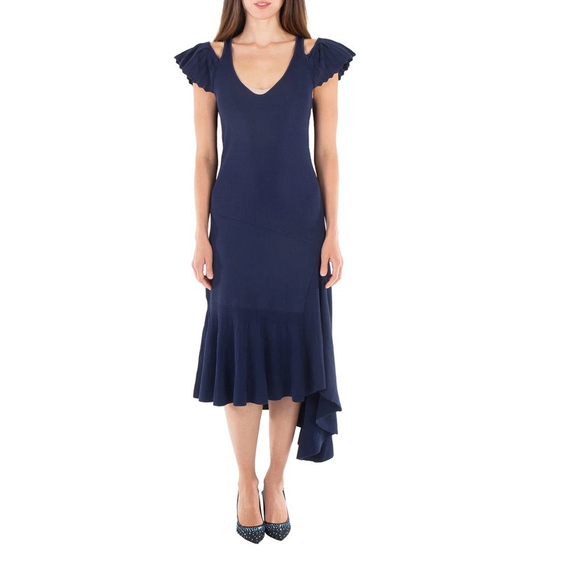 Navy Blue Ribbed Ruffle Dress