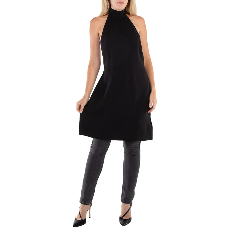 Ladies Black Silk Bib Funnel-Neck Sleeveless Dress