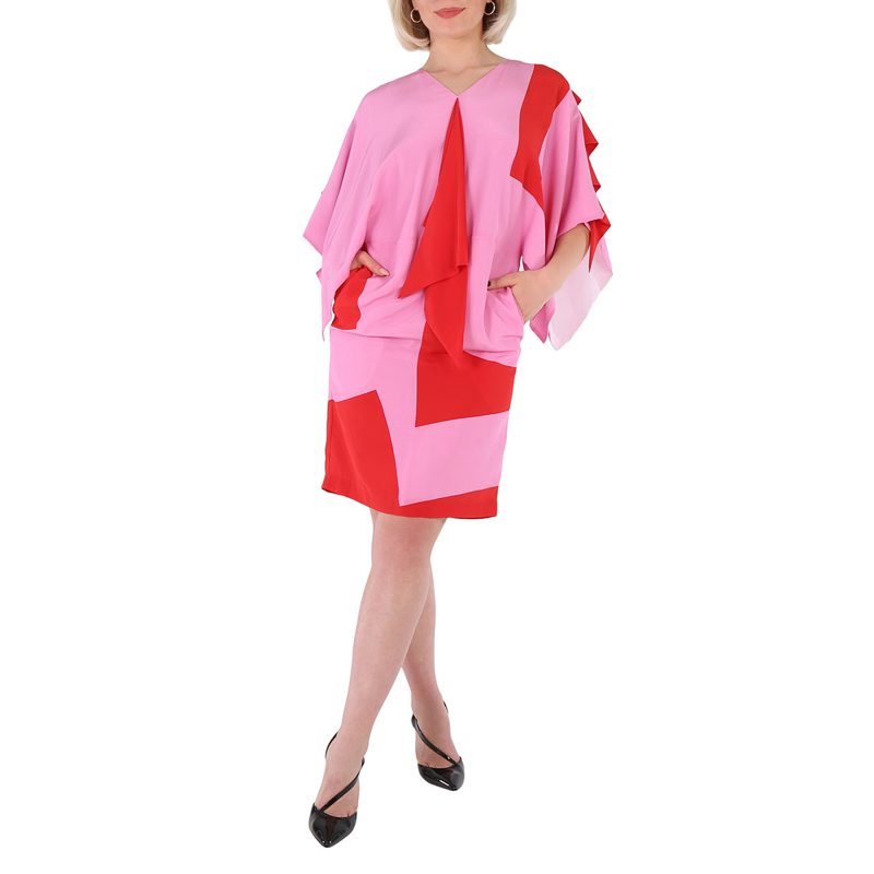 Ladies Primrose Pink Geometric Print Silk Crepe De Chine Cape Sleeve Dress