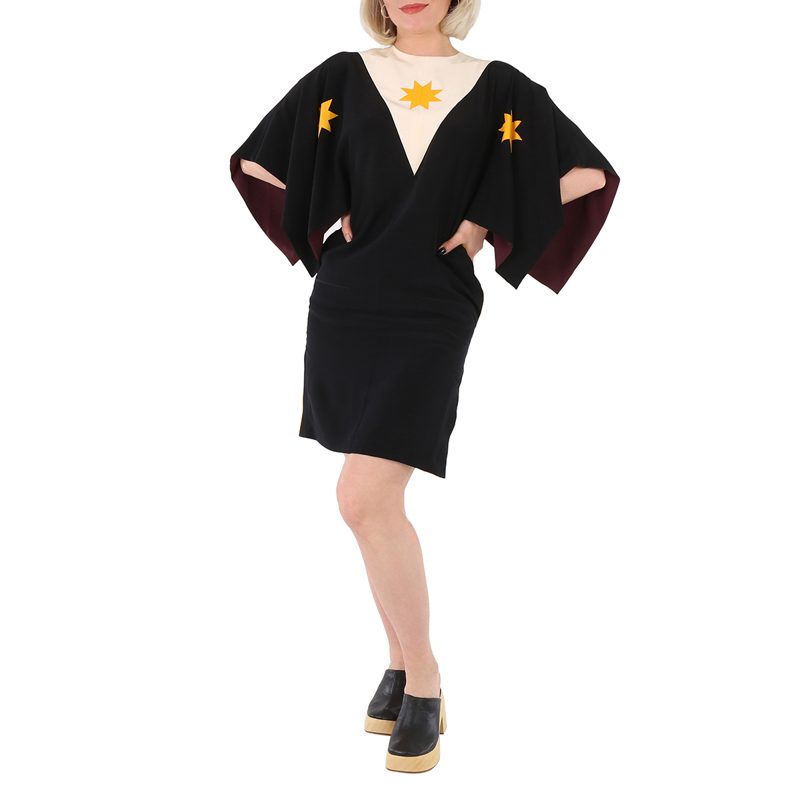 Ladies Black Geometric Print Silk Crepe De Chine Cape Sleeve Dress