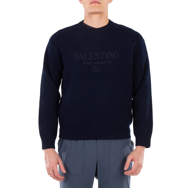 Garavani Logo Embroidered Crewneck Virgin Wool Jumper_Navy