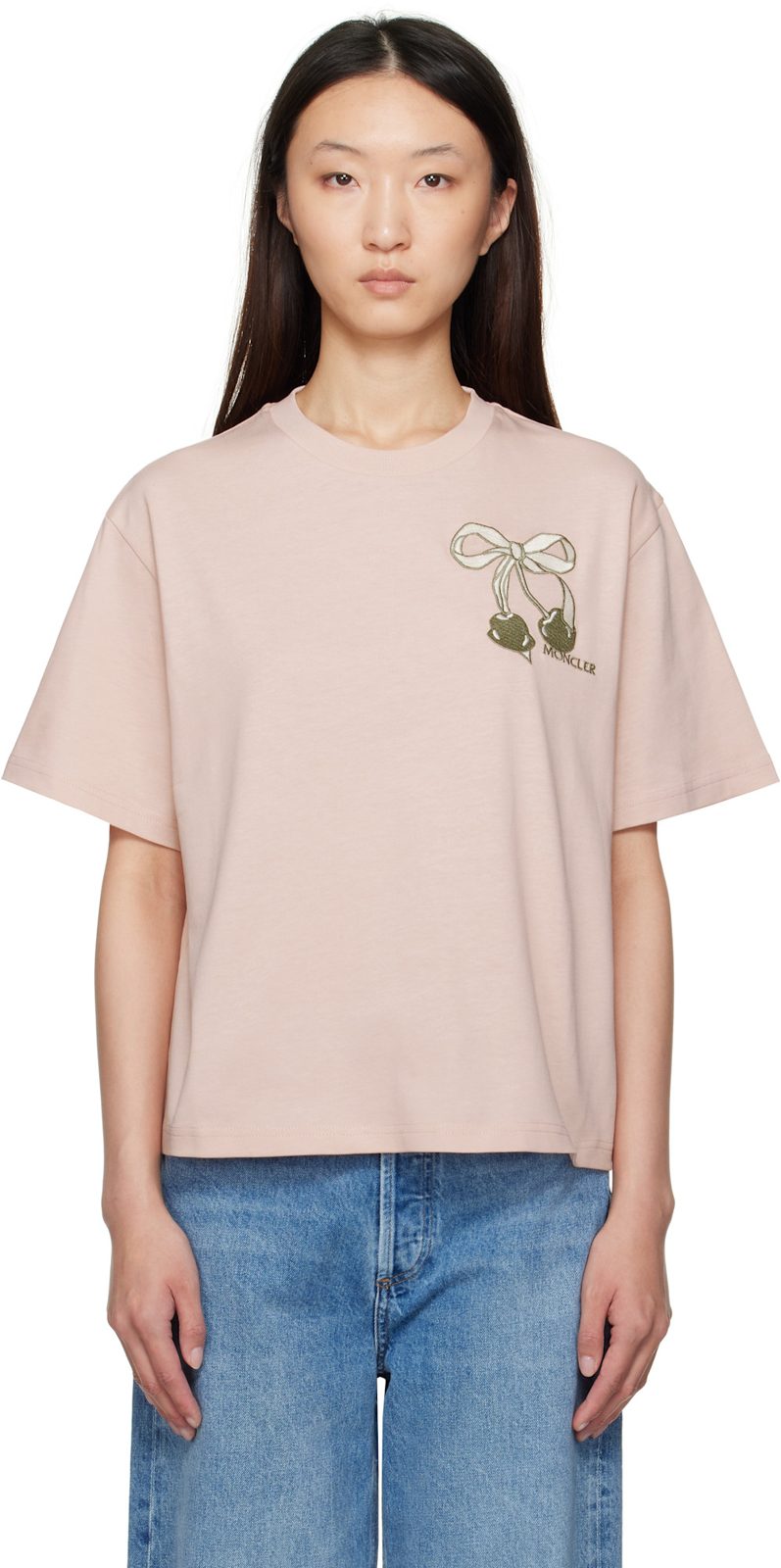 Pink Embroidered Cherry Logo Cotton T-shirt 252111F110005