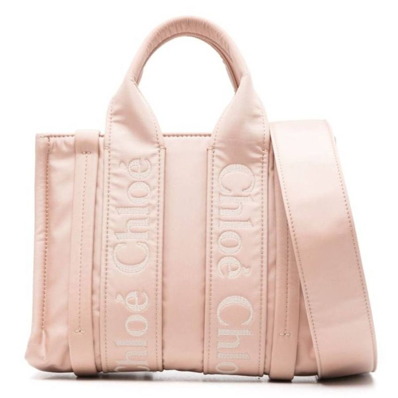 Chloe Woody Logo Small Nylon Tote Bag_Pink