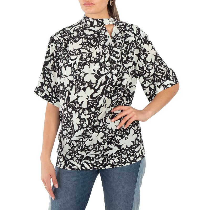 Black Silk Foral Print Blouse