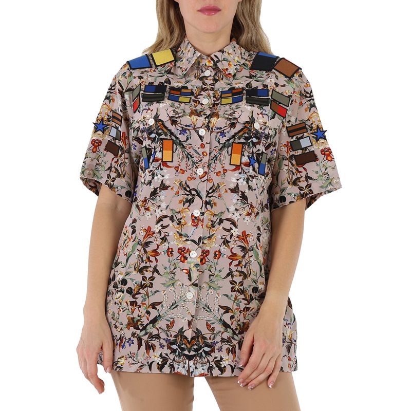 Badge Appliques Iris Floral-Print Silk Crepe De Chine Oversized Shirt