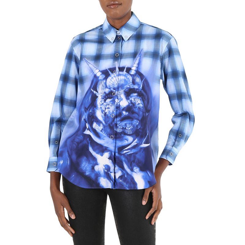 Ladies Ink Blue Sea Maiden Print Plaid Shirt