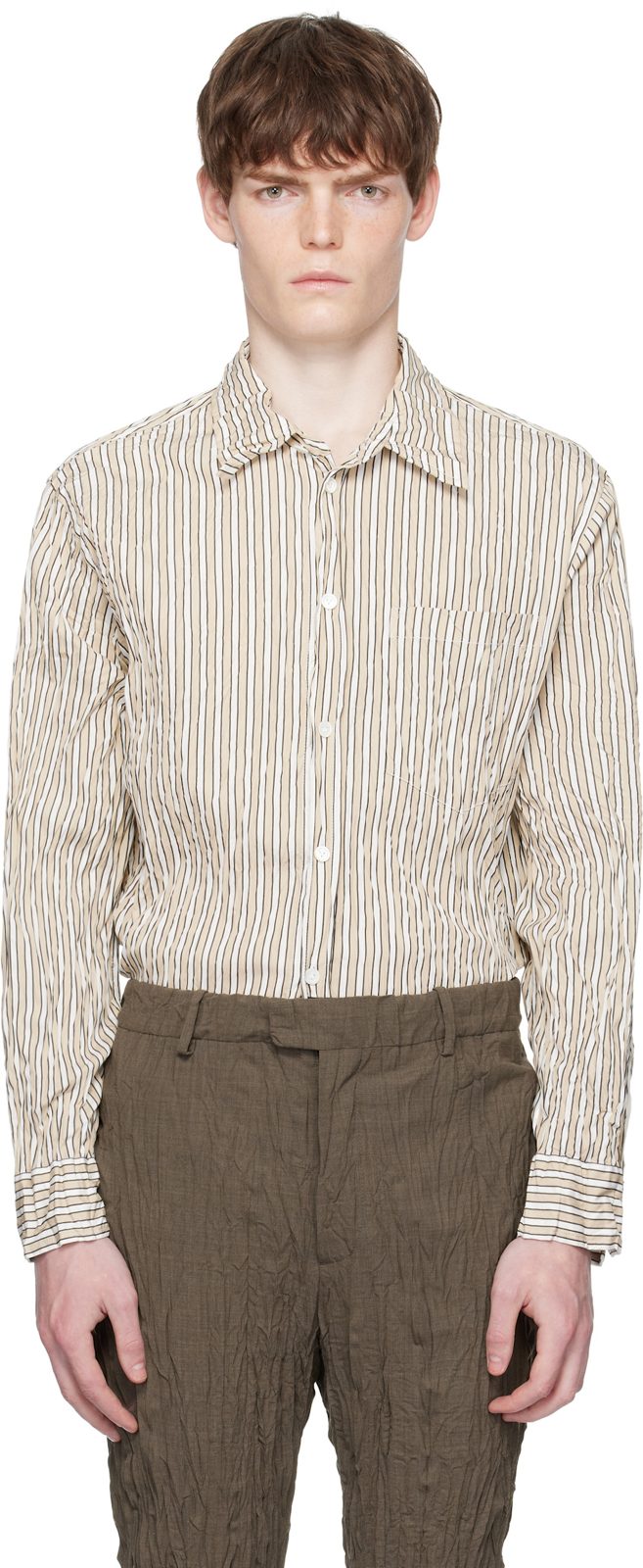 Beige & White Crushed Tech Shirt 251798M192014