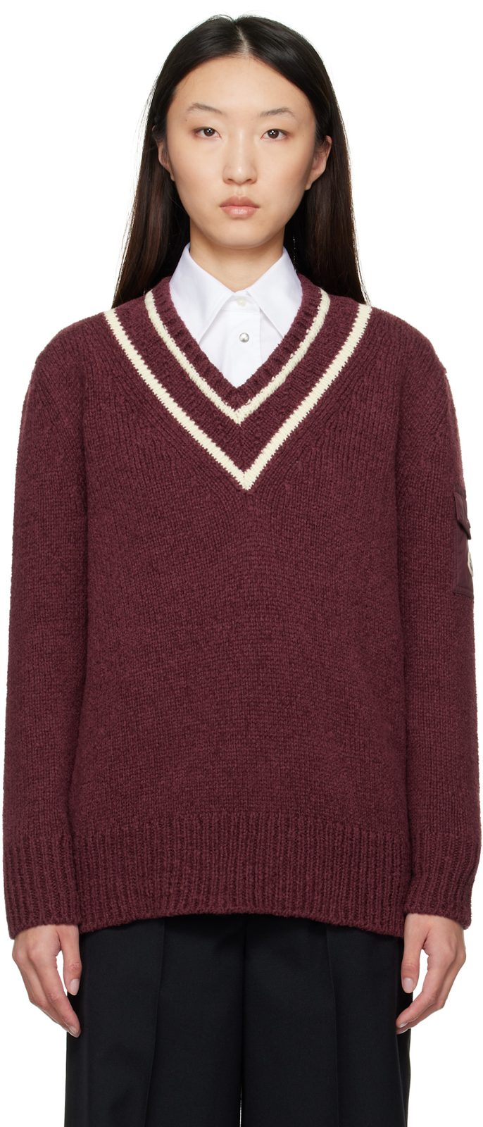 Burgundy Padded V-Neck Sweater 252111F100000