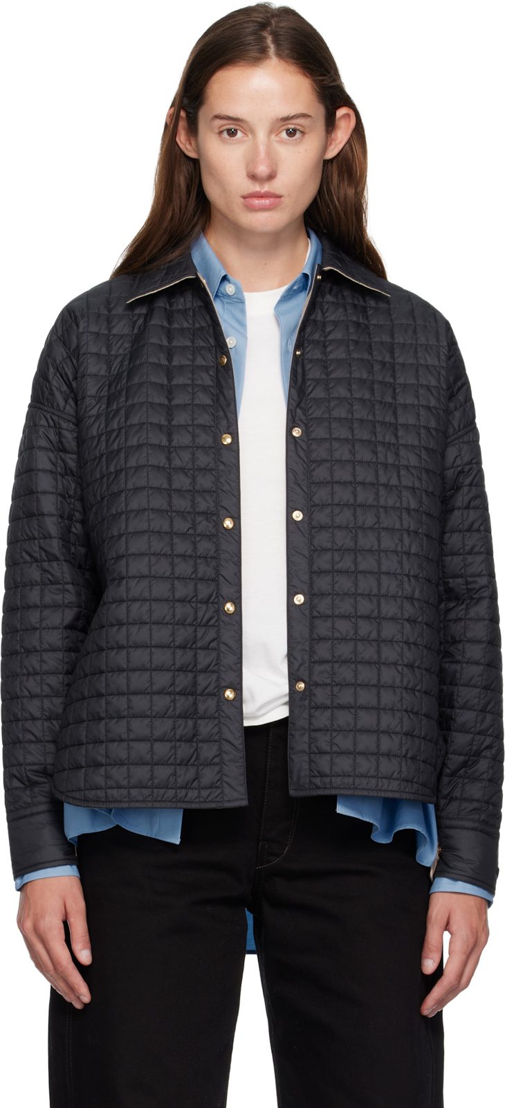 Black Quilted Shirt Jacket 252111F092005