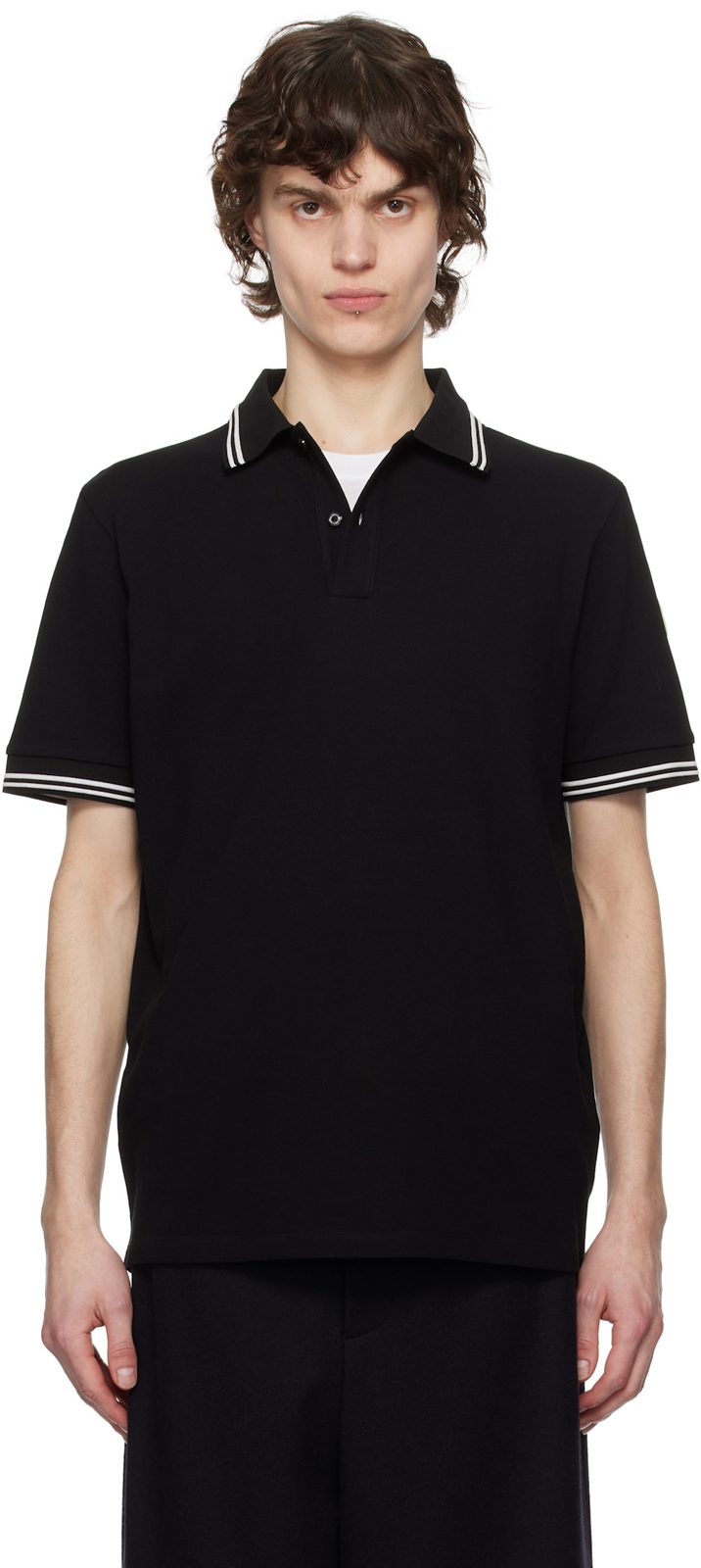 Black Striped Trim Cotton Piquet Polo 251111M212004