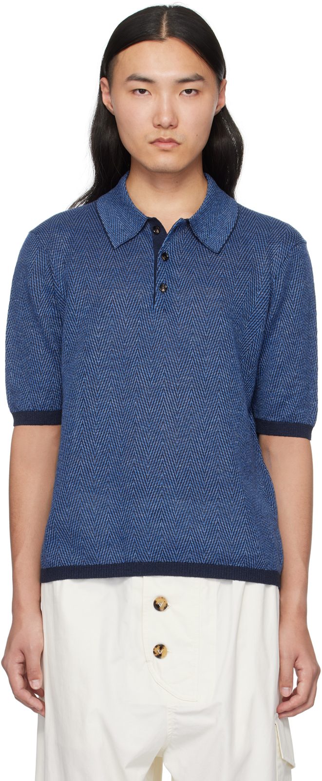 Blue Linen Chevron Knit Polo 251798M212000