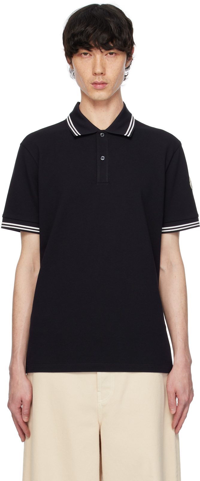 Navy Striped Trim Cotton Piquet Polo 251111M212005