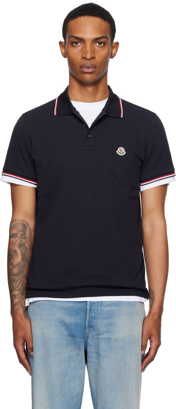 Navy Tricolor-Trimmed Cotton Piquet Polo 252111M212009