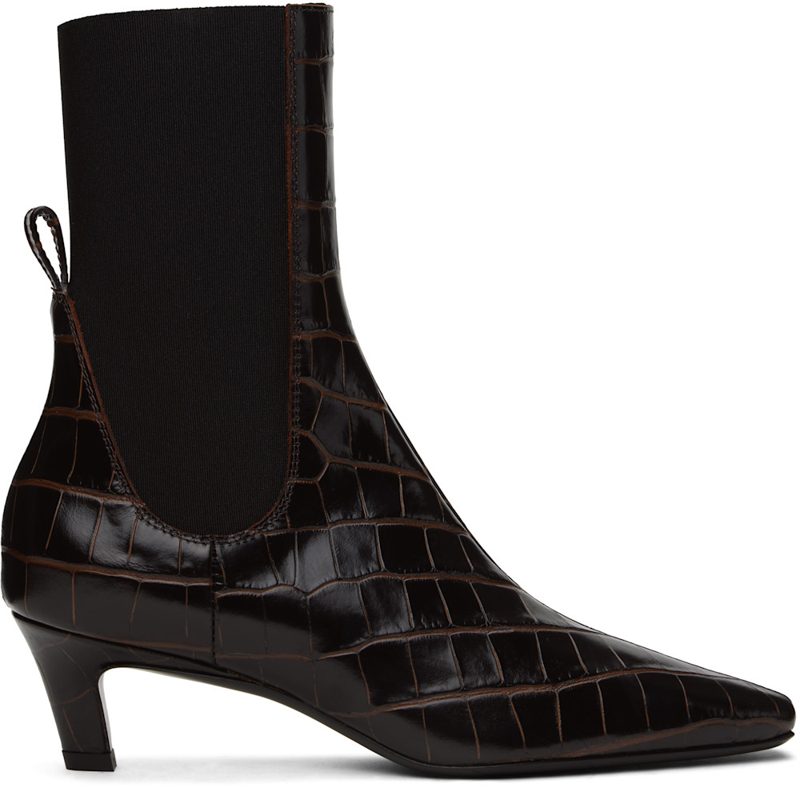 TOTEME Brown CROCO-EM[보스]ED Mid-Heel Boots 251771F113000