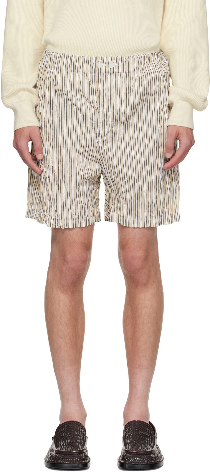 Beige & White Crushed Tech Cotton Stripe Shorts 251798M193005